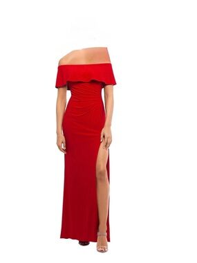 Xscape Red One-Shoulder Ruffle Evening Gown with High Slit